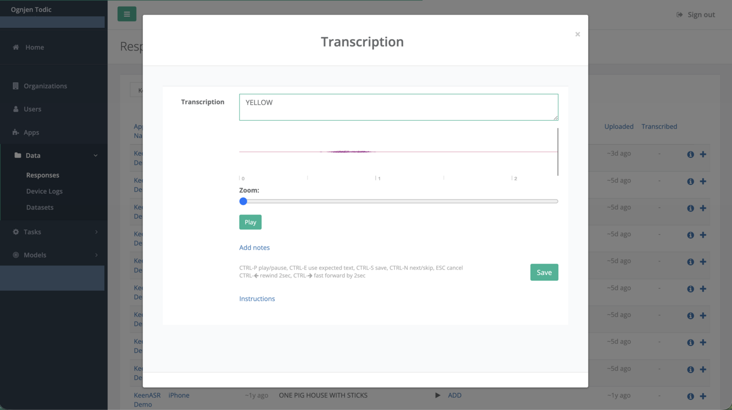 Transcription dialog